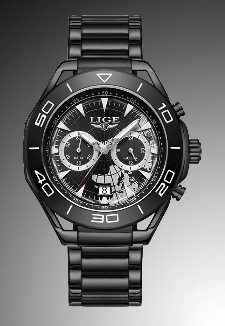 Chronograph Unisex IP Black Stainless Steel Quartz Watch, 48mm, stainless steel bracelet