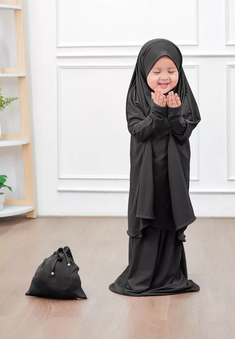 Zelena - Raudhia Prayer Set | Mukena French Khimar Set - Black - Anak