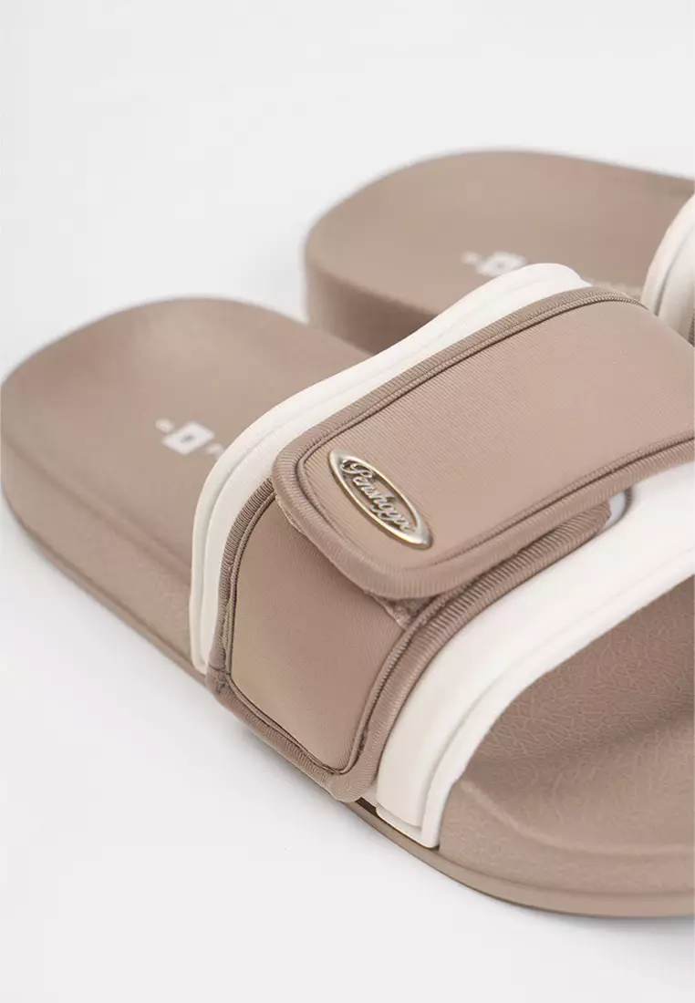 Women's Velcro Band Slides with Metal Branding
