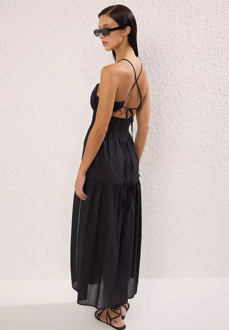 Black Oversized Maxi Woven 100% Cotton Beach Dress TBESS25EL00125