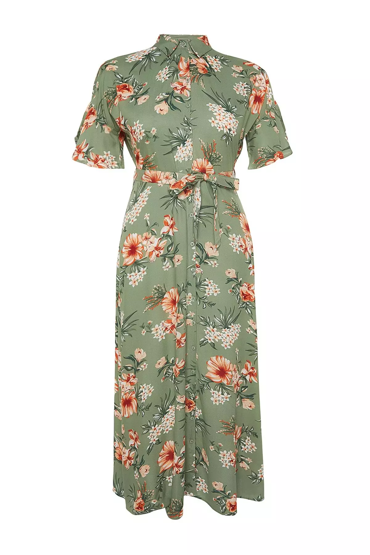 Green Floral Woven Slit Shirt Dress TBBSS22EL1596