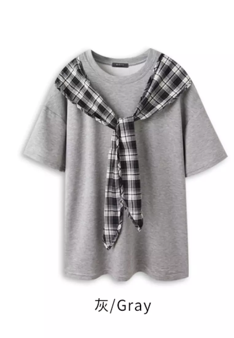 太空棉休閒領巾造型寬鬆短袖上衣《AB21054》
