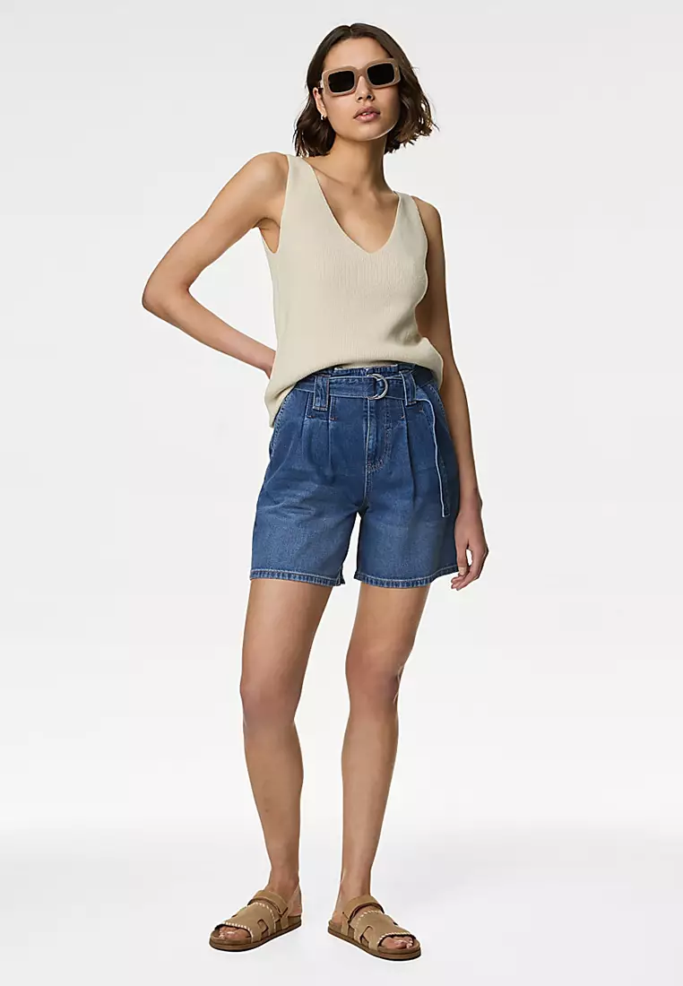 Denim Pleat Front Belted Shorts