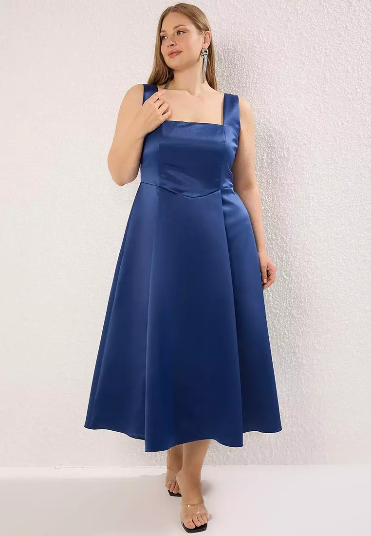 Navy Blue Satin Woven Large Size Dress
