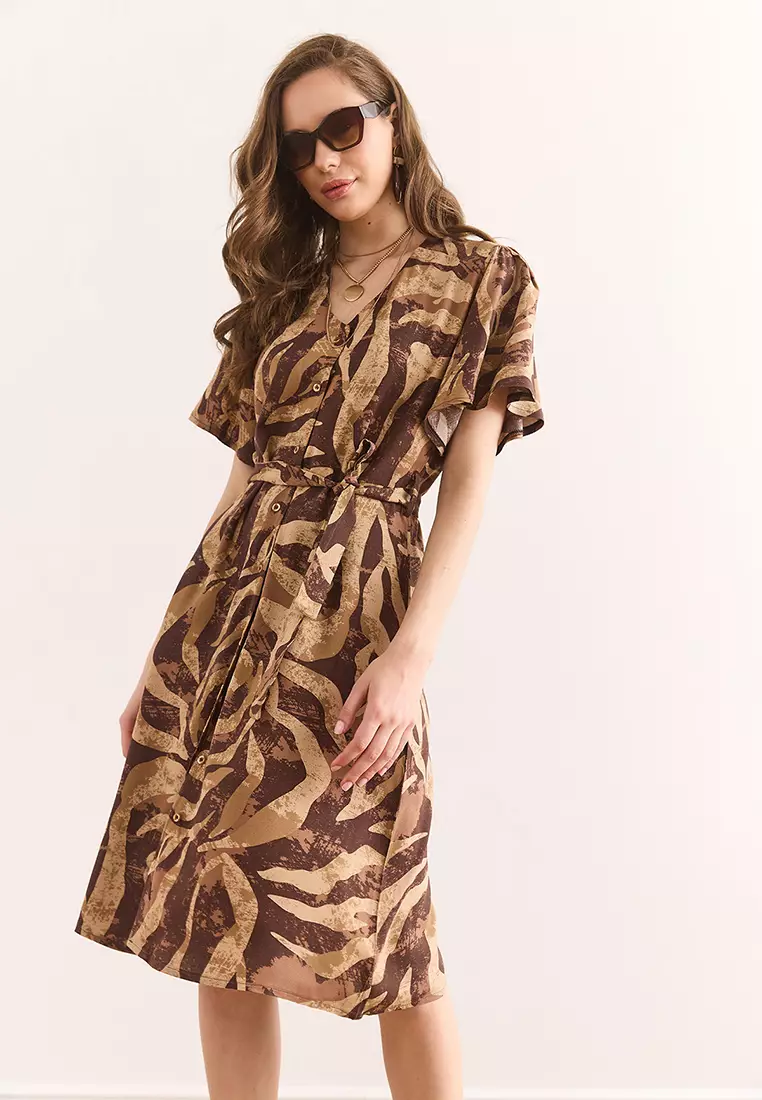 V-Neck Belted Shirt Dress