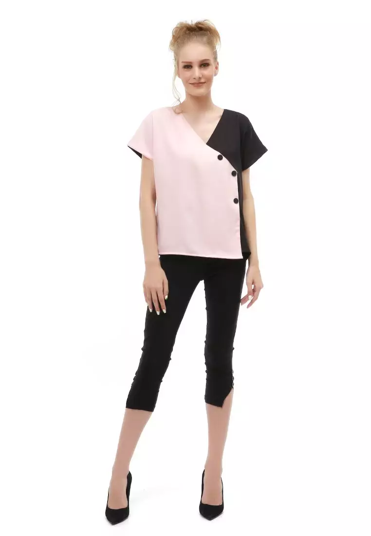 Cheva Blouse Atasan Wanita Kasual Model Asimetris Kombinasi 2 Warna Material Moscrepe ORIGINAL - Peach