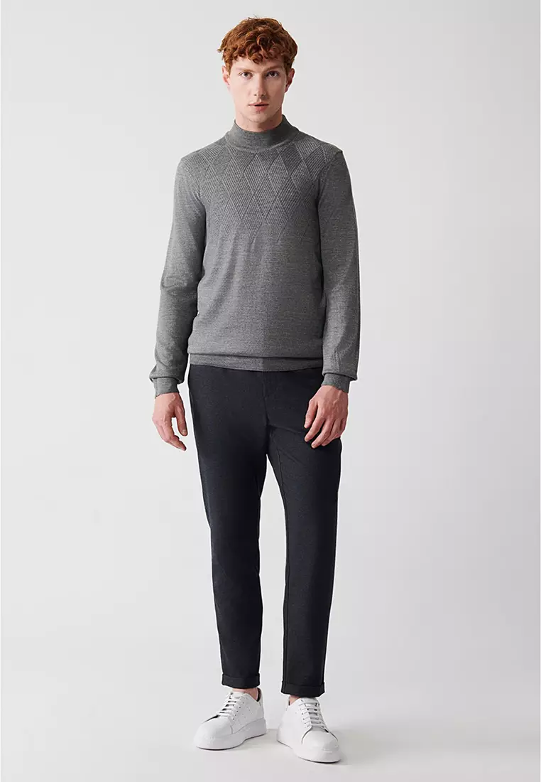 Men's Gray Half Turtleneck Wool Blended Front Patterned Knitwear Sweater A32Y5193