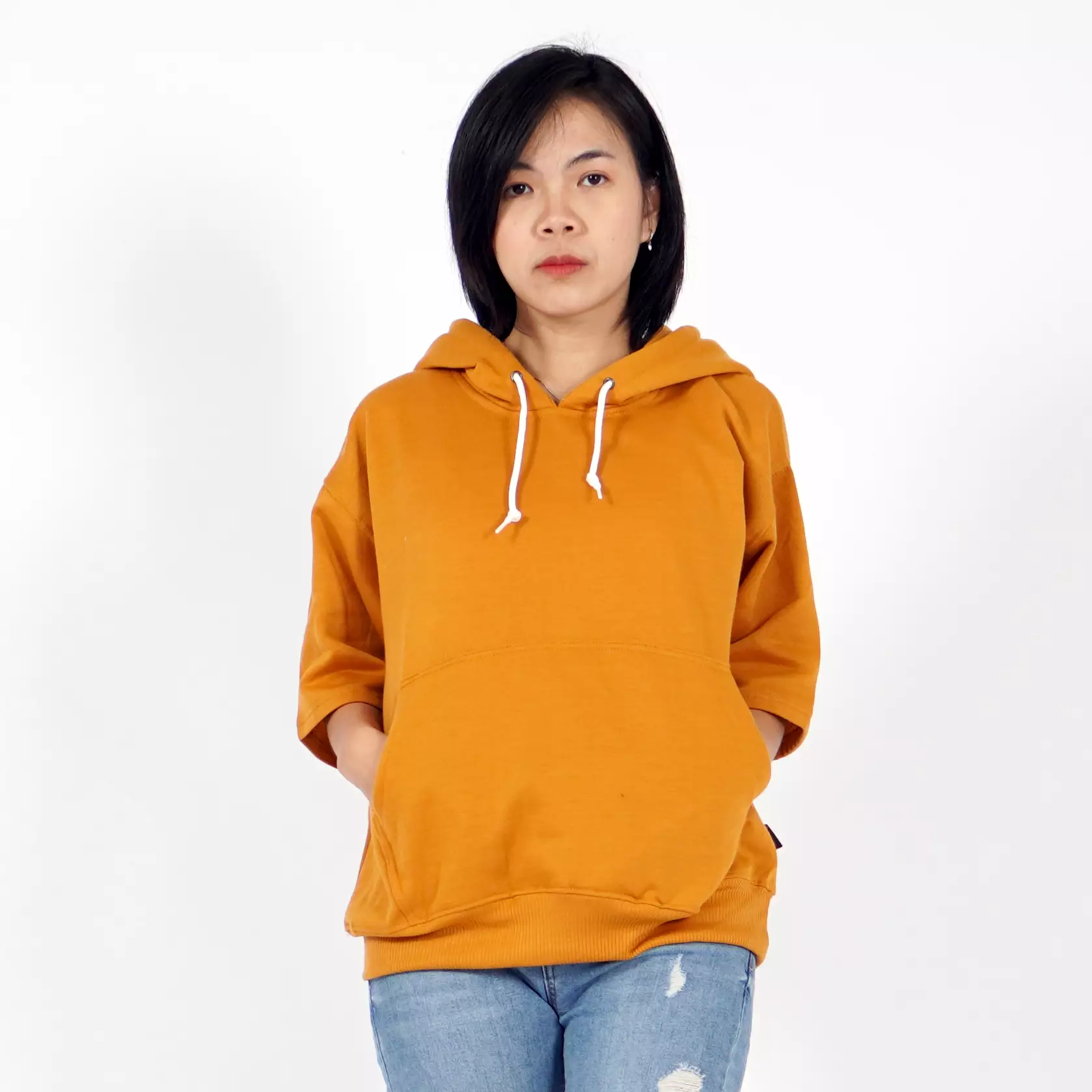  RICHA Top Hoodie Lengan Pendek Wanita Sweater Hoodie Short Sleeve-CARAMEL
