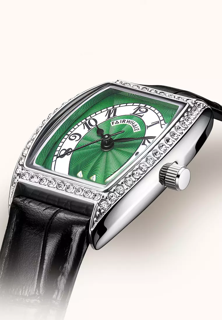 Ladies Barrel Shape Stainless Steel Quartz Watch, Green Dial, Black Leather Strap