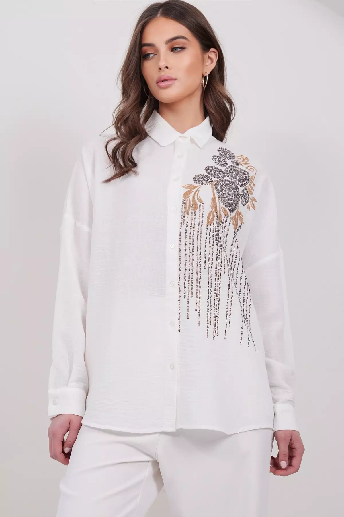Women'S Ecru Embroidery And Sequin Embellished Premium Linen Shirt Alc-X15017