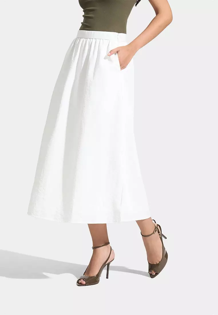 Crumpled Linen Midi Skirt With Side Slit Detail