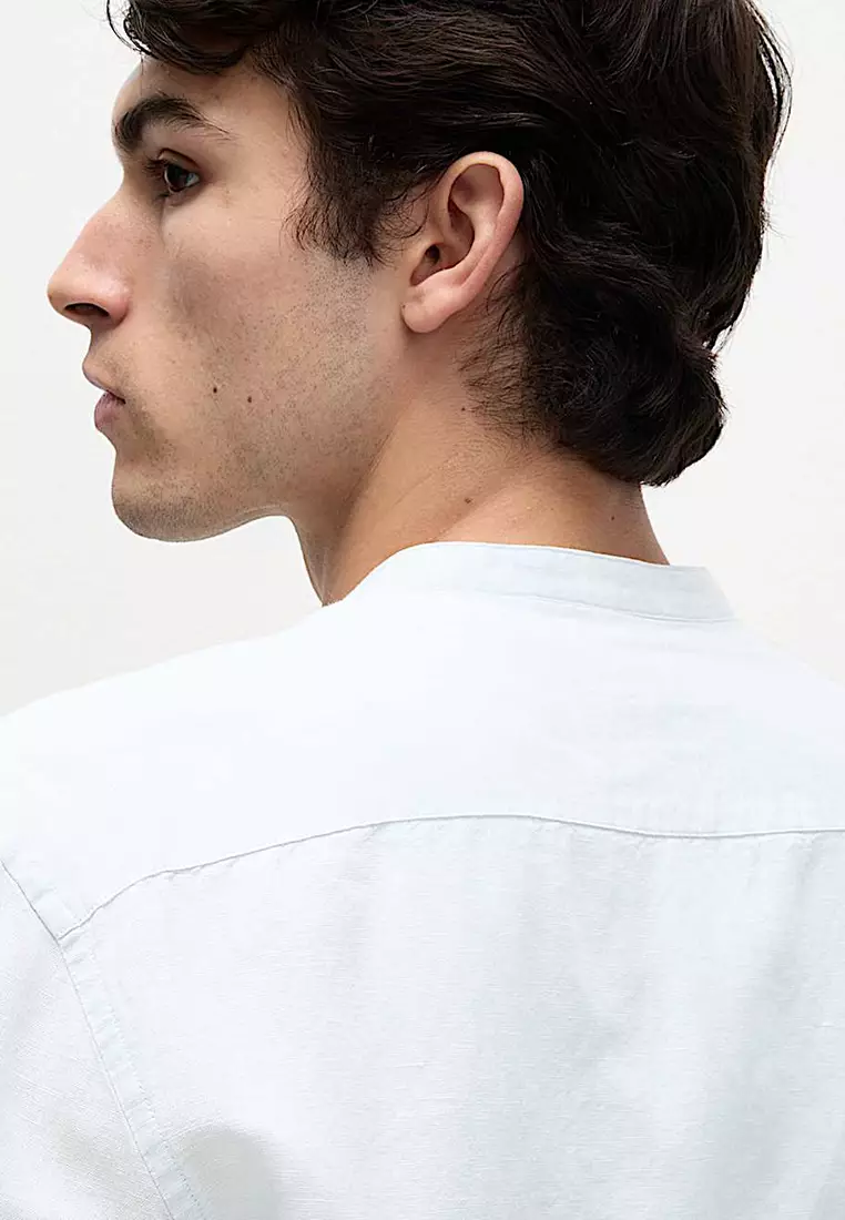 Cotton Linen Blend Grandad Collar Shirt