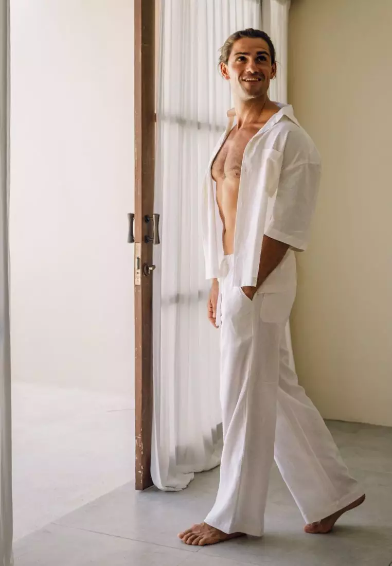 White Boxy Set Kemeja Celana Linen Pria Putih | Linen Set Men White