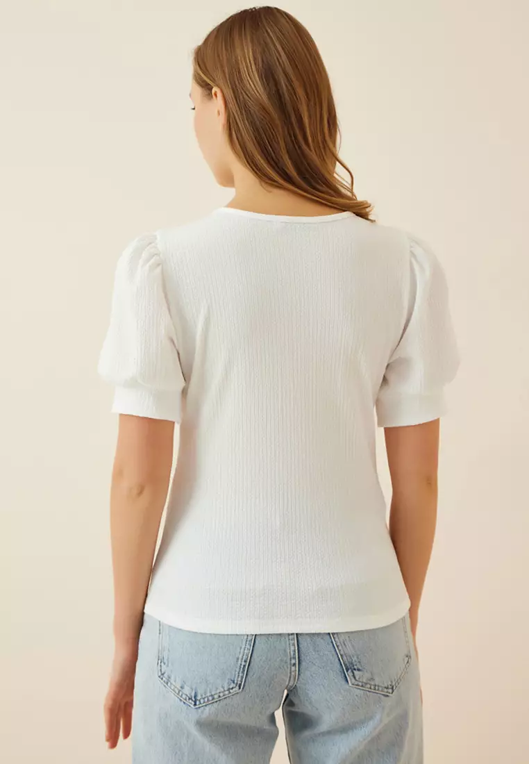 Square Collar Balloon Sleeves Knitted Blouse