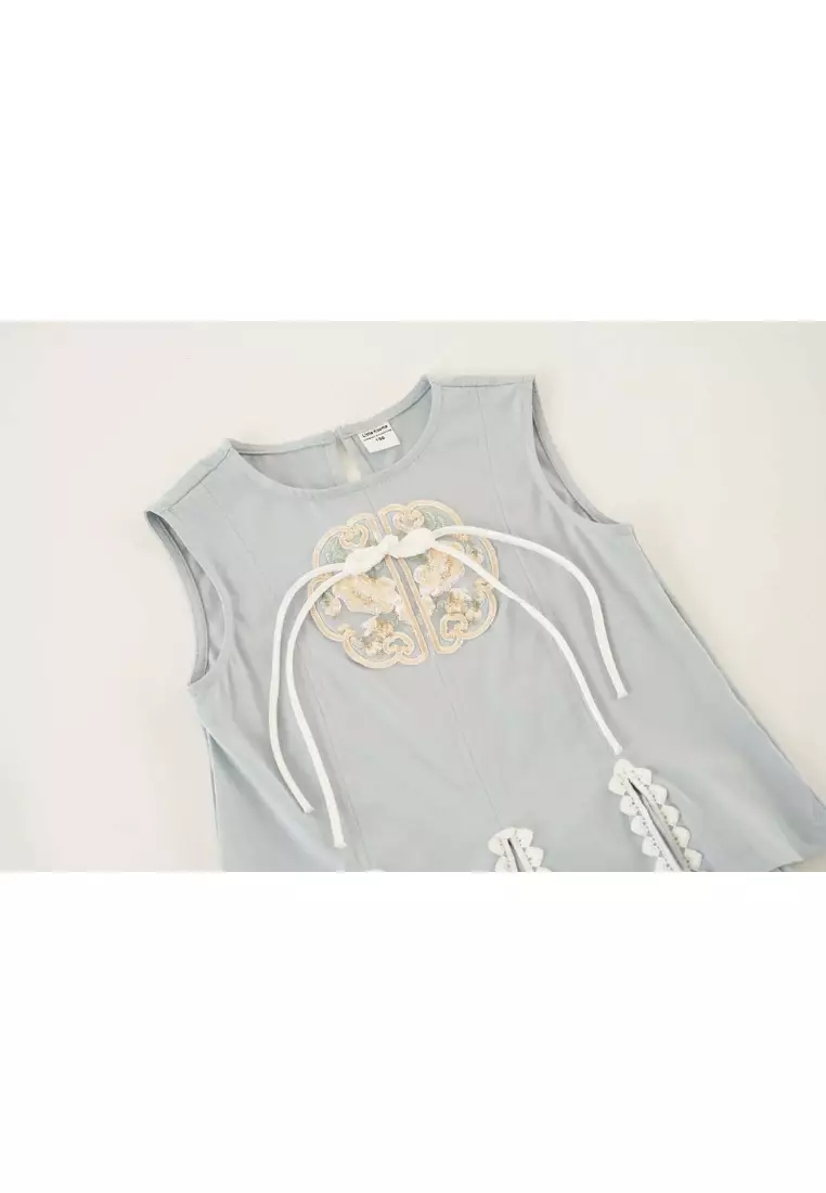 活力智慧藍色親子裝女嬰兒兒童唐裝漢服上衣與裙子套裝0842