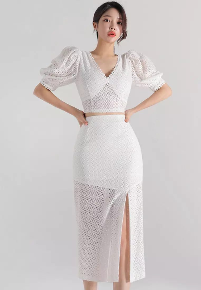 2025夏季新款兩件套蕾絲開叉包臀裙套裝CA081605