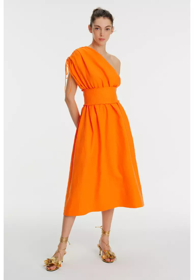 EXQUISE EXQUISE One Shoulder Belt Detailed Drawstring Midi Linen Dress