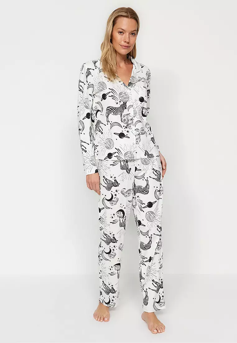 White 100% Cotton Patterned Shirt-Pants Knitted Pajama Set THMAW24PT00002