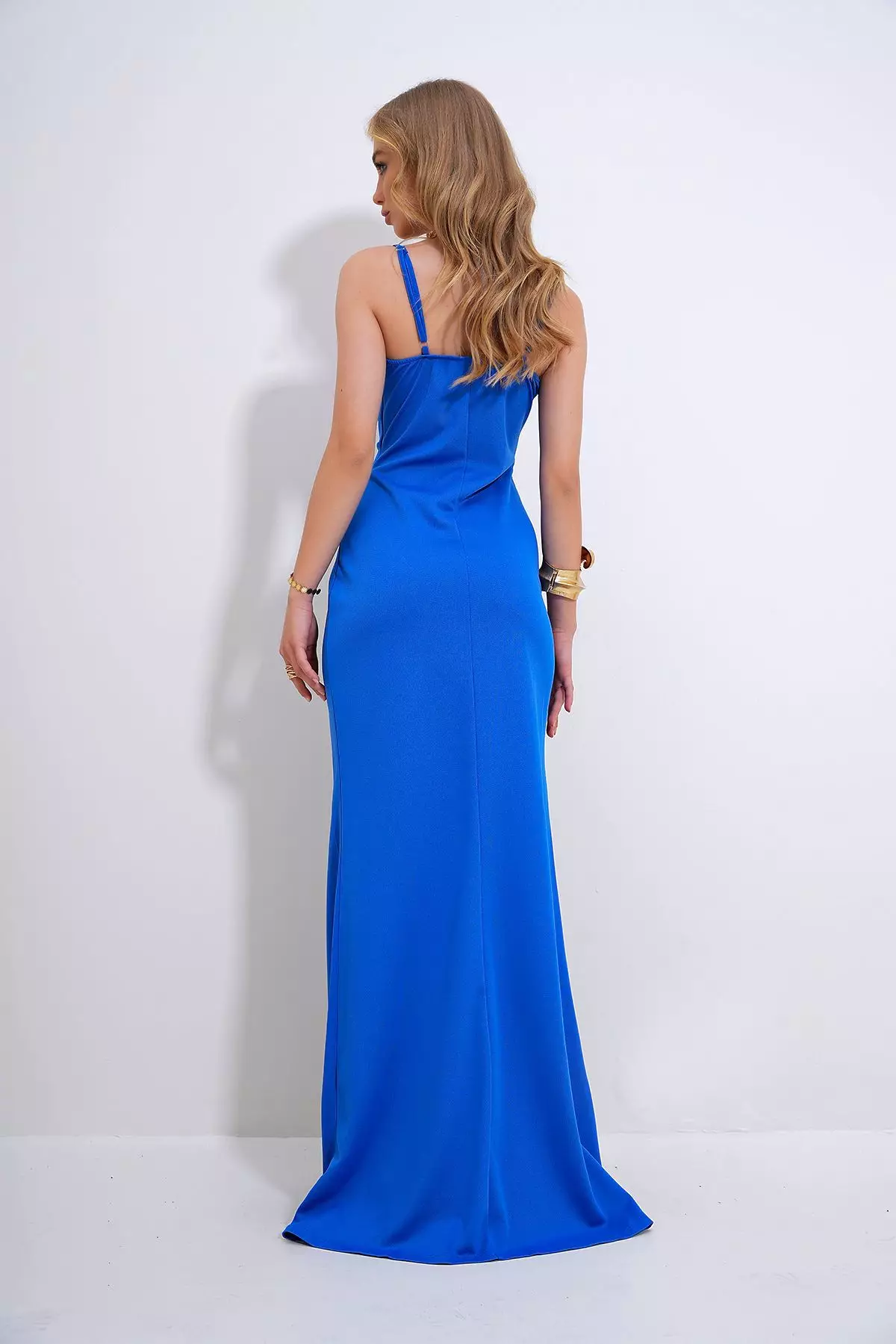 Women's Blue Adjustable Strap Out Cut Slit Graduation Dress