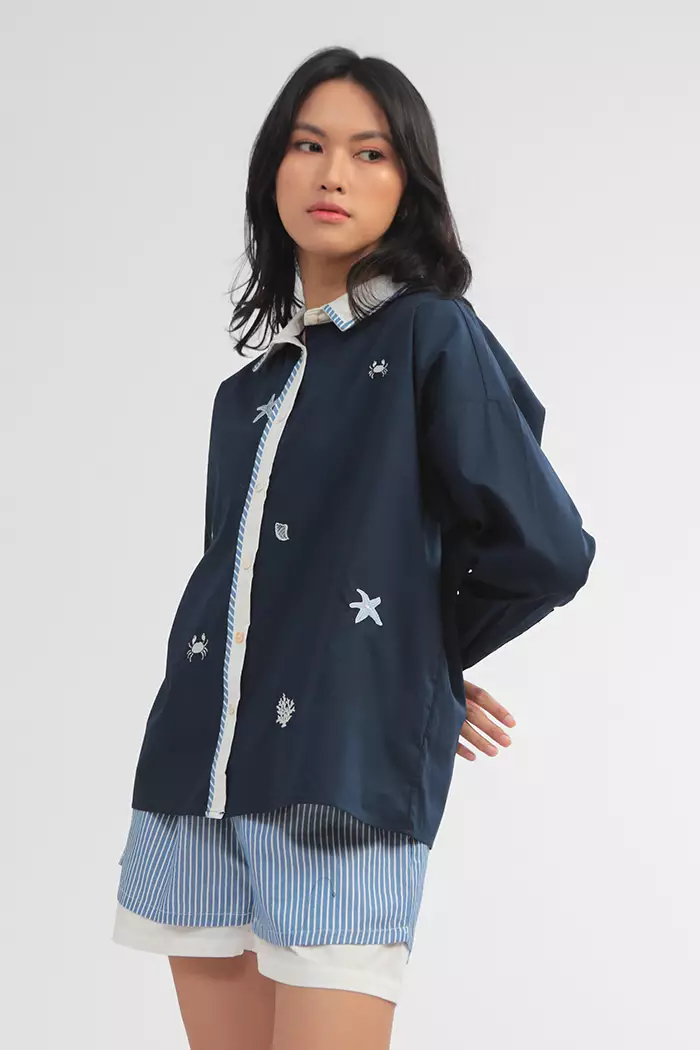 COTTONINK - Atasan Kemeja Wanita Navy Ocean Maurea #SummerCollection2025