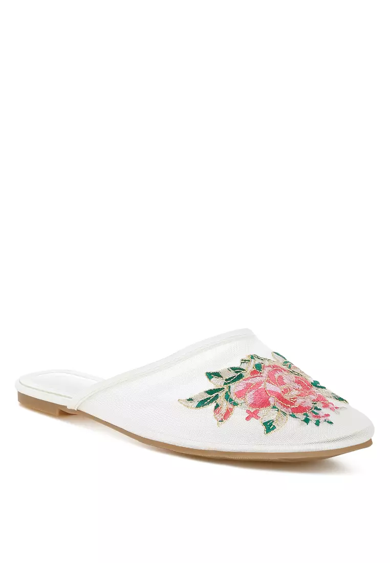 Floral Embroidered Mesh Mules in White