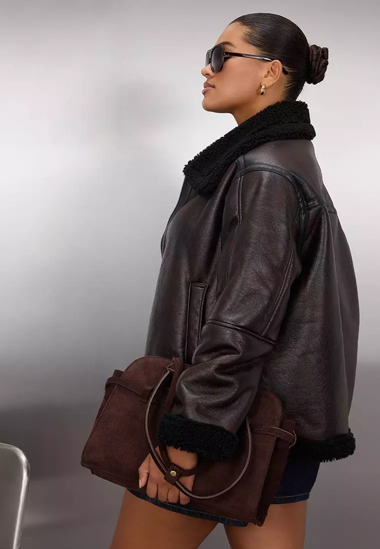 Brown Regular Fit Faux Leather Biker Coat with Fur Detail TBBAW25AW00001