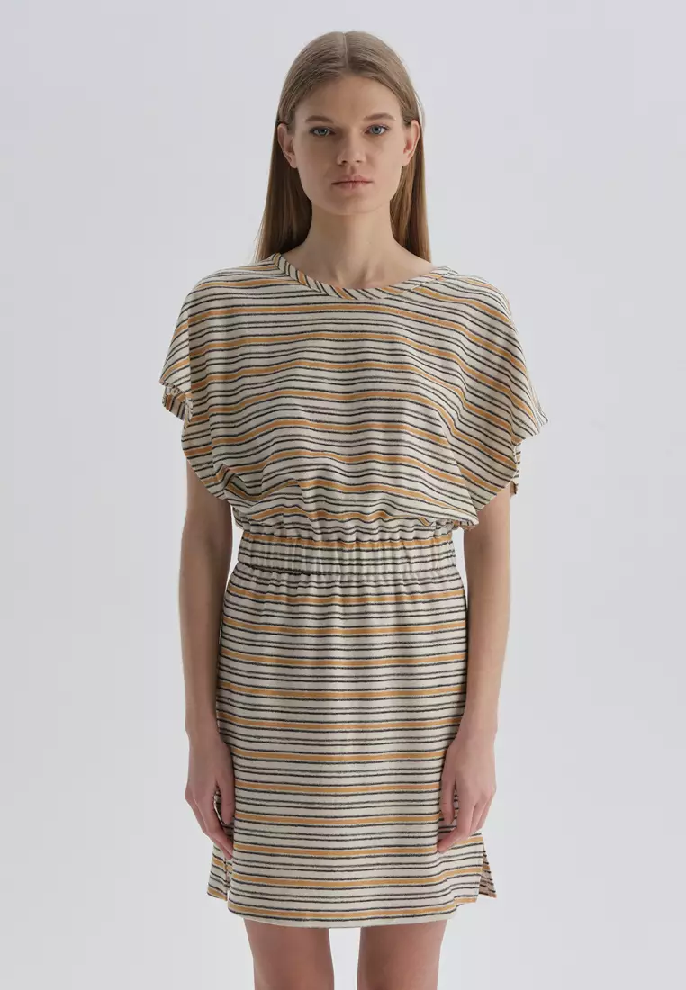 Orange Loungewear Dress, Striped, Boat Neck, Regular Fit, Short Sleeve Homewear And Sleepwear for Women