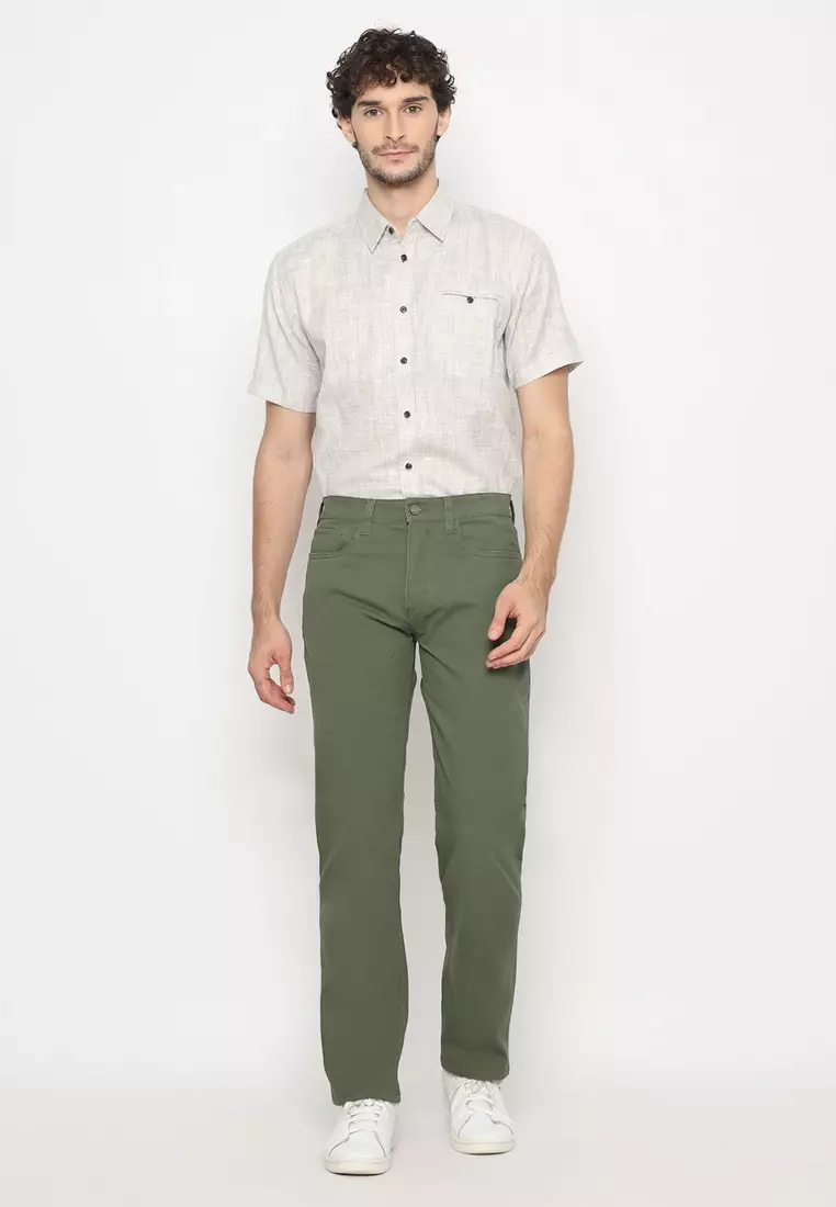 POLICE Celana Chino Panjang V Pocket Sage Green Regular Fit Cotton Premium Pria