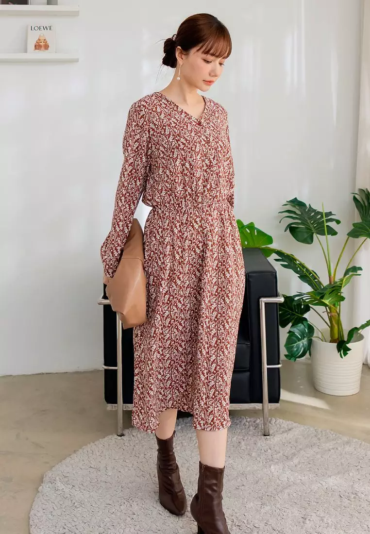 Vintage Floral Elastic Waist Chiffon Maxi Dress [DA9941]