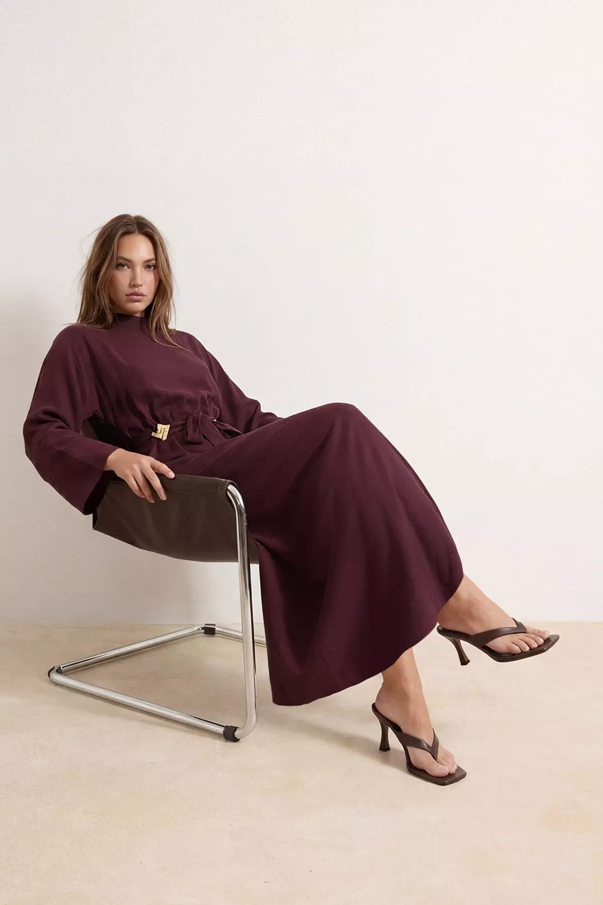 Burgundy Maxi Belt Detailed Hijab Dress Tctss26Eb175