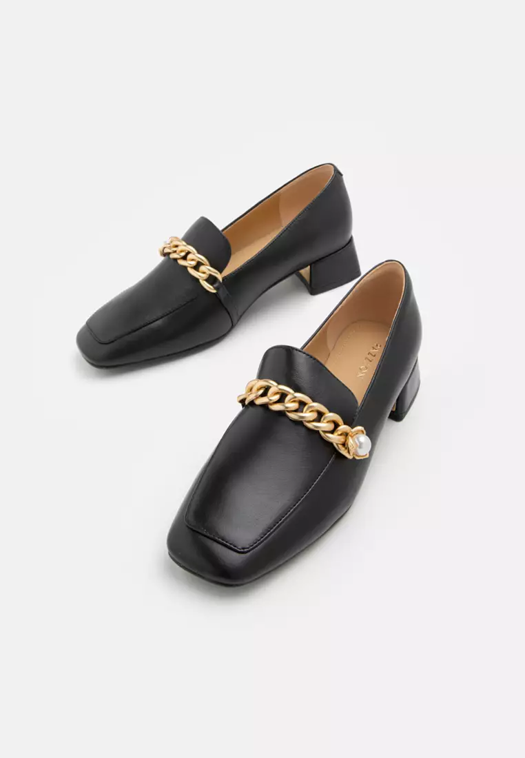 Maisie Pearl Embellished Chain Loafer Heels Black