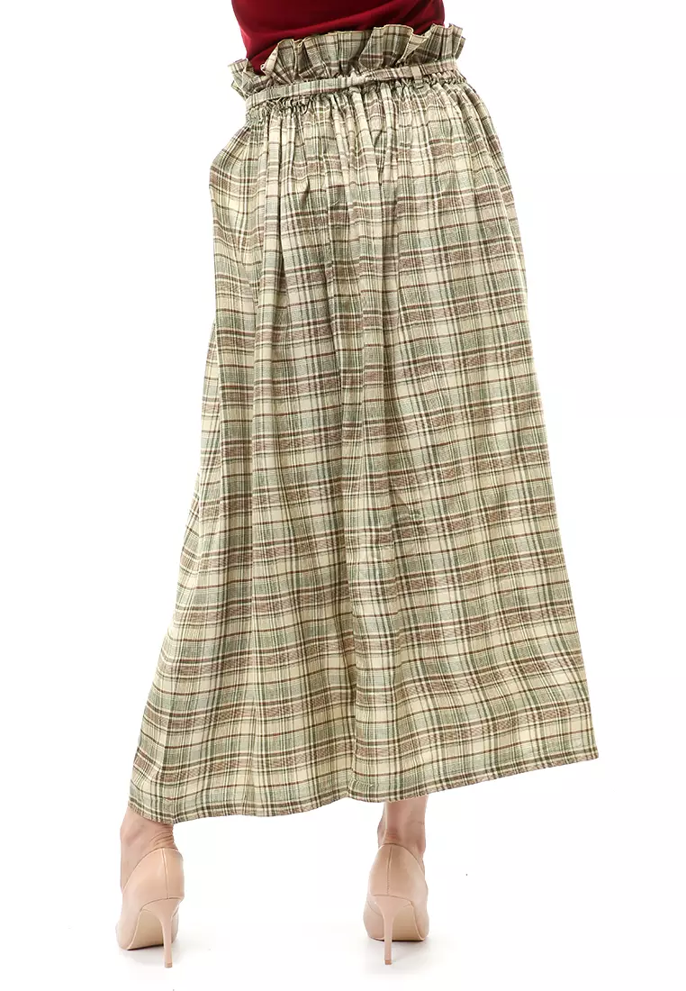 Amel Long Skirt Bawahan Wanita Motif Kotak-Kotak Regular Fit - Cream