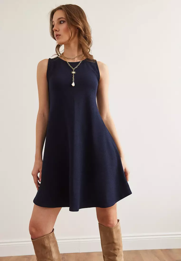 Crew Neck Flared Knitted Crepe Dress