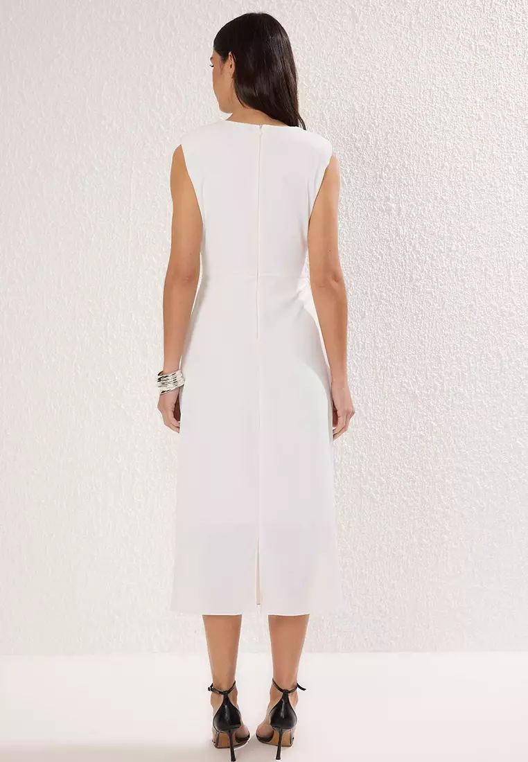 White Straight Body Wrap Lined Midi Dress
