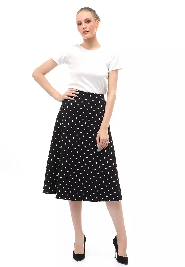 Skirt Motif Polkadot Rubbery Waist Bawahan Wanita Relaxed Fit - Black
