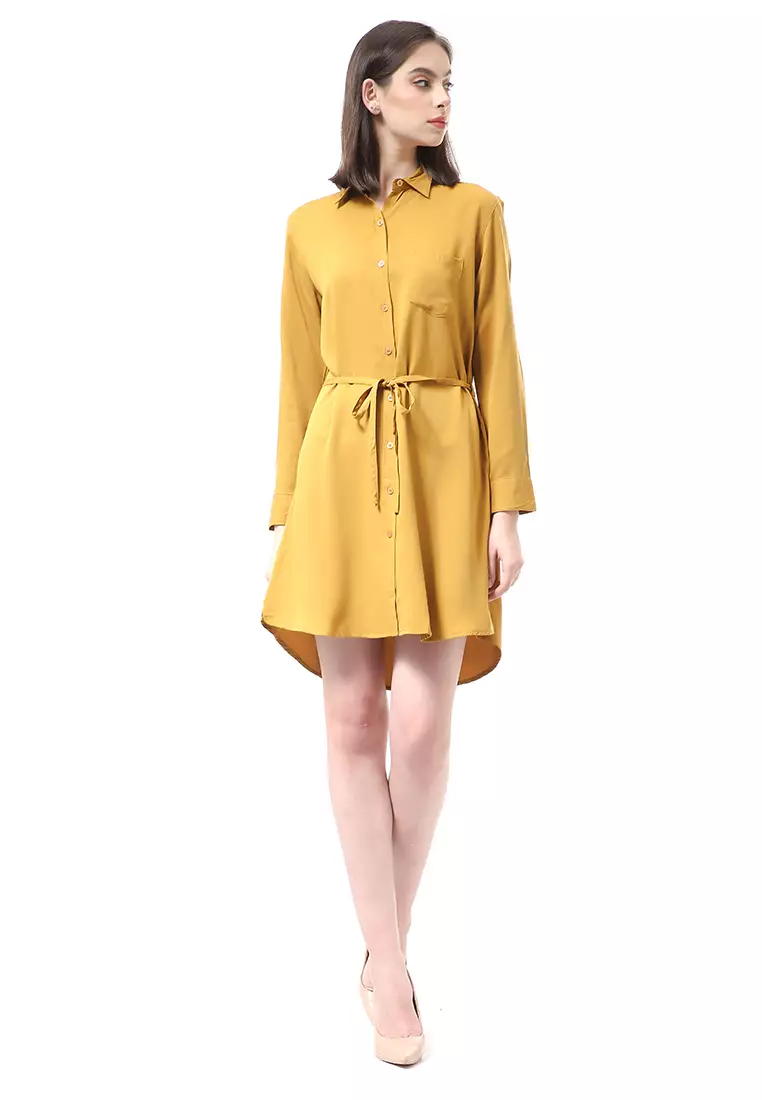 Rachel Dress Wanita Model Kemeja Full Kancing Long Sleeve Material Twill Rayon ORIGINAL - Mustard