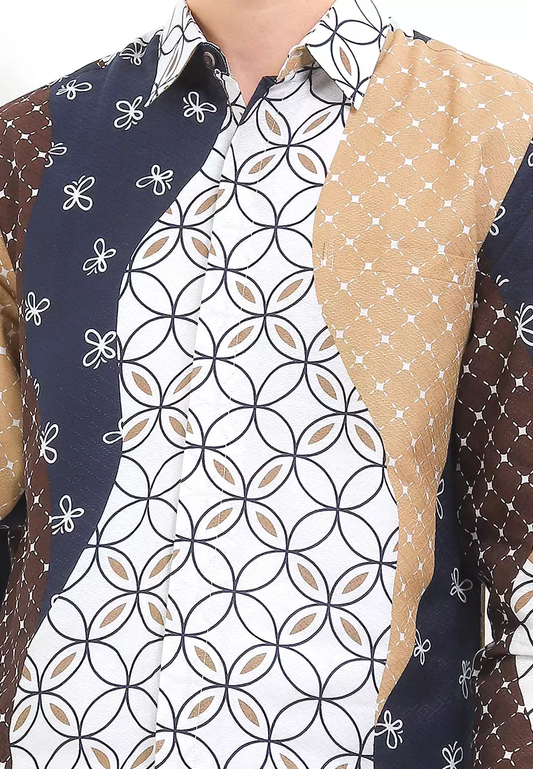 Kemeja Pria Lengan Panjang Batik Furing Linen Zahir White Navy Maroon Raya Eksklusive Dobby