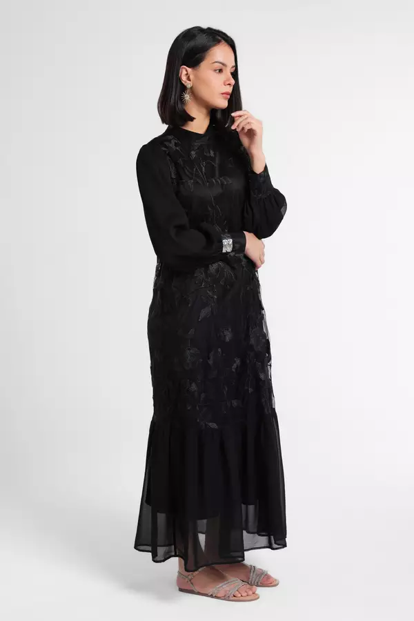 MINIMAL - Mahira - Gamis Brocade Motif Floral - Black