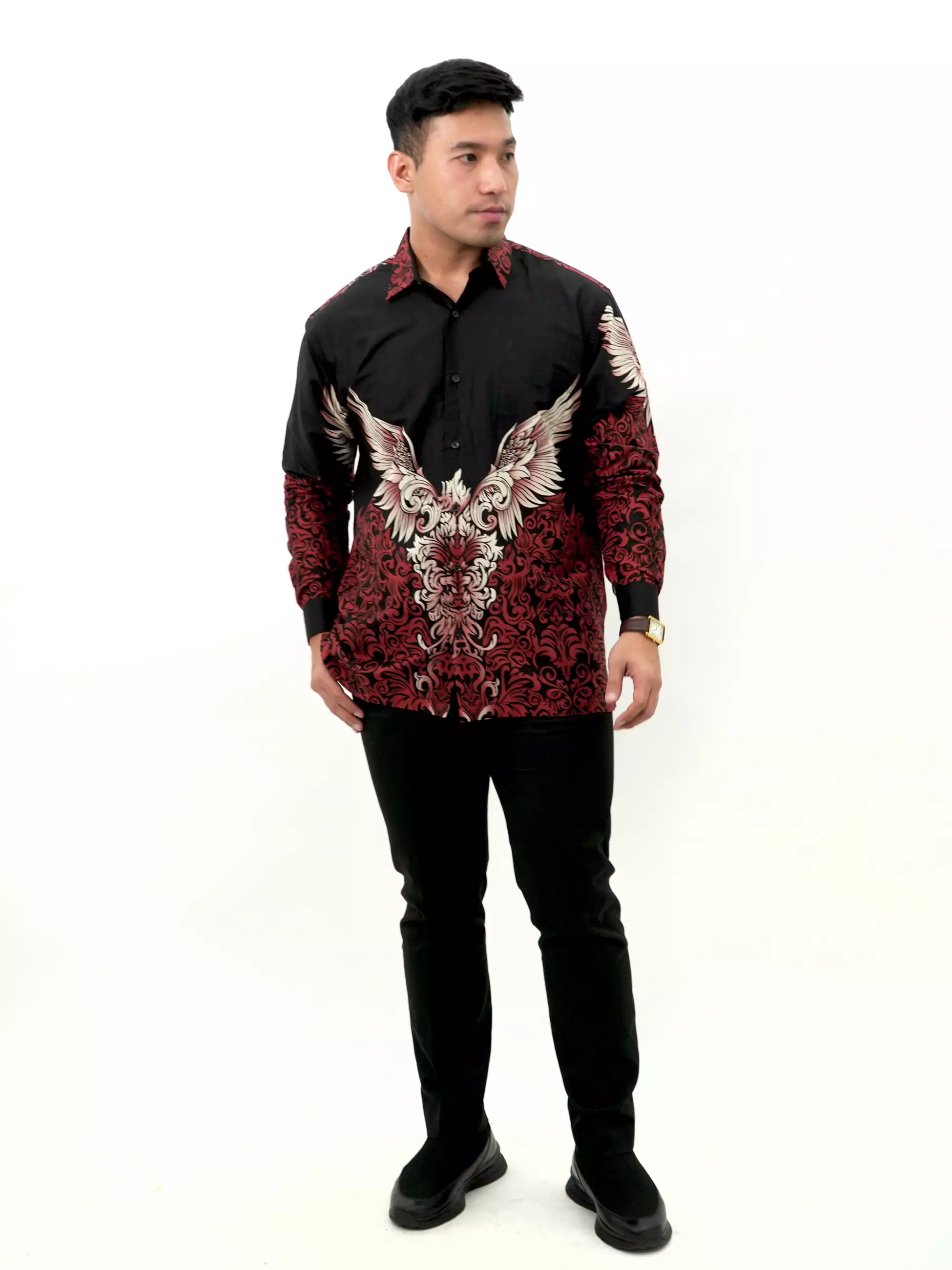 Kemeja Batik Lengan Panjang Hitam Merah 16811