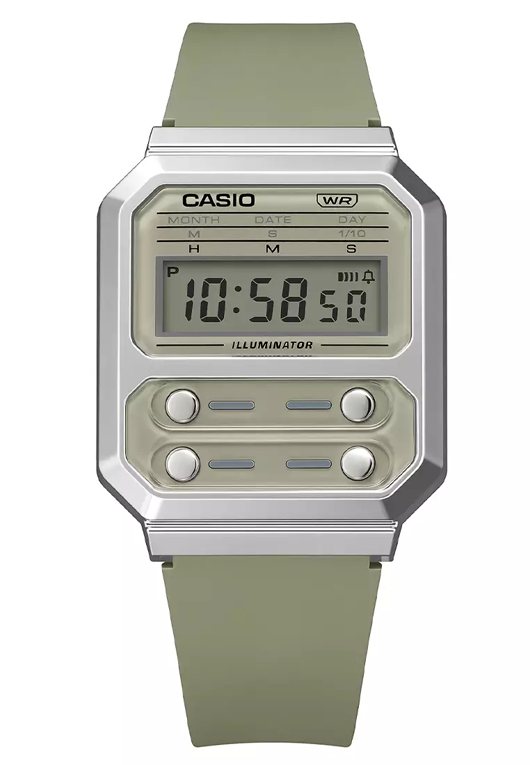 Jam Tangan Casio General A100WEF-3ADF Illuminator Vintage Digital Dial Sage Green Resin Band