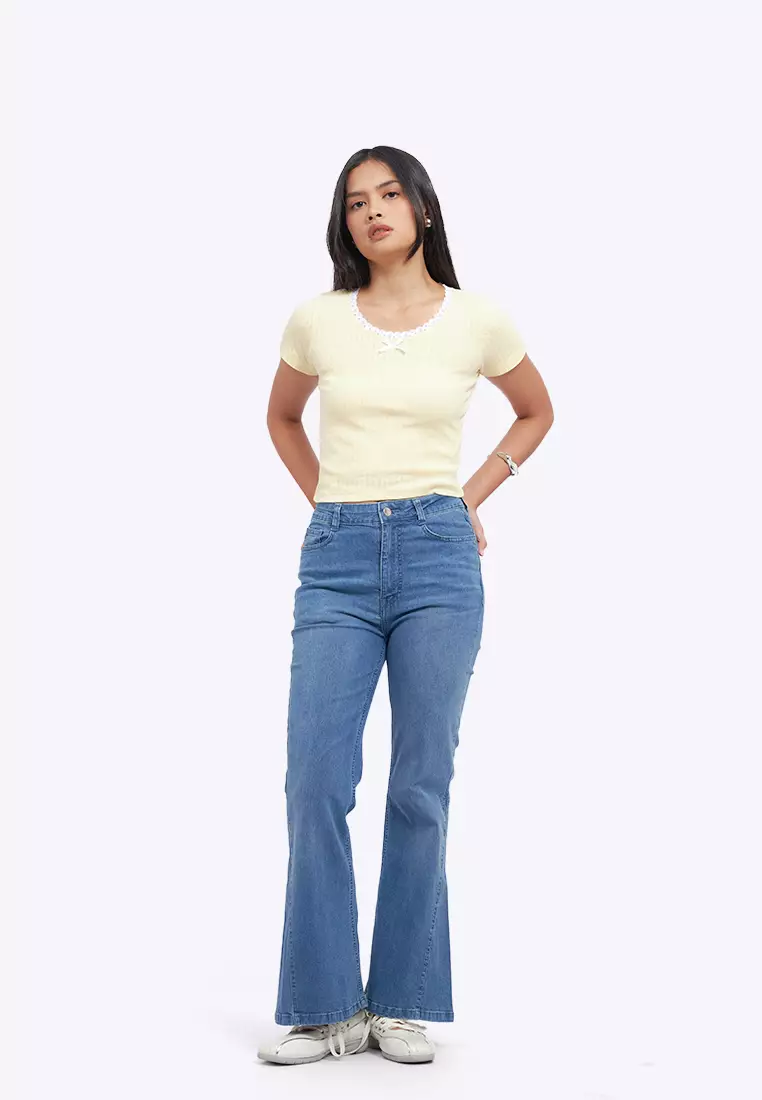 Lace Trim Pointelle Fitted Tee