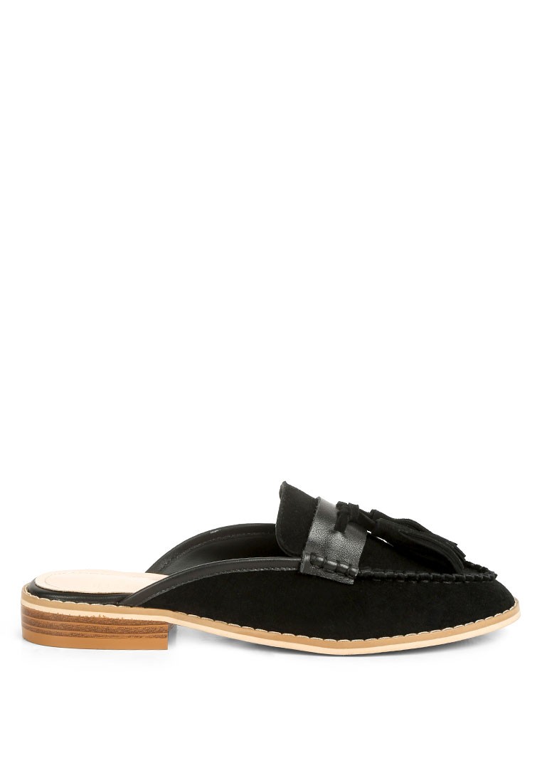 Black Tassle Detail Leather Mules
