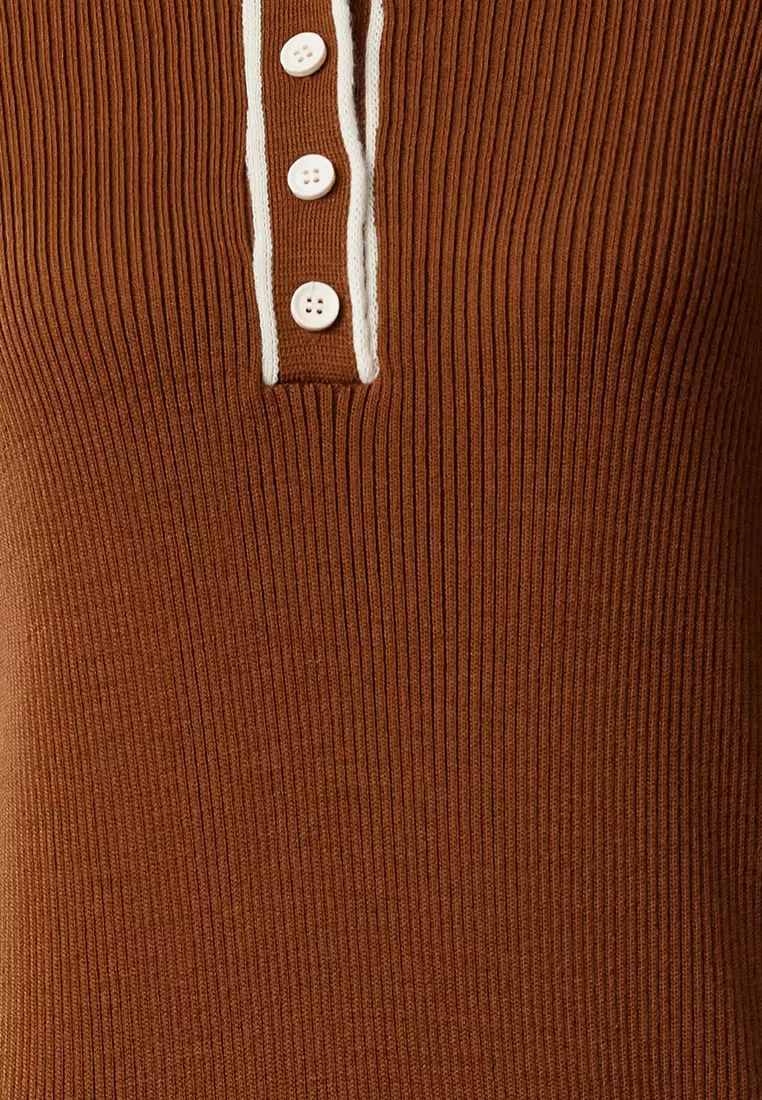 Brown Polo Button-Down Collared Knitted Dress Tctaw25Eb00044