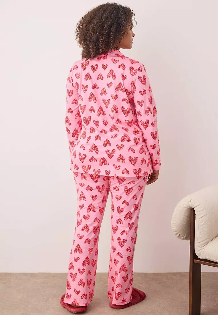 Pink 100% Cotton Heart & Leopard Patterned Shirt-Pants Knitted Pajama Set Tbbaw26Ai00017