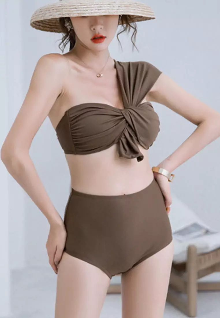 Slant Shoulder Split High Waist Two Piece Swimsuit CA071701BW