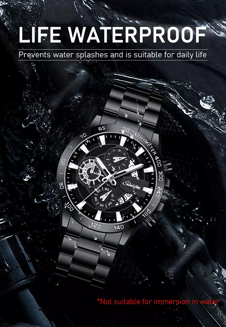 Jam Tangan Pria Quartz Kalender Bercahaya Olahraga Tali Stainless Steel Jam Tangan Cowok SL3321 allblack