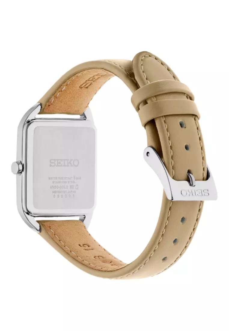 Seiko Lady Essentials Collection Square Case Pale Pink Dial Beige Leather Band Quartz Watch SWR089P1
