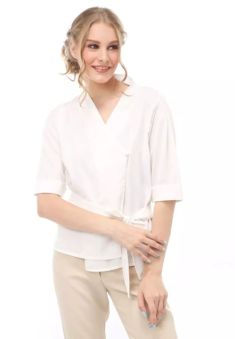 Cheva Blouse Atasan Wanita Kasual Model Tali Ikat Pinggang Material Wolfis ORIGINAL - Broken White