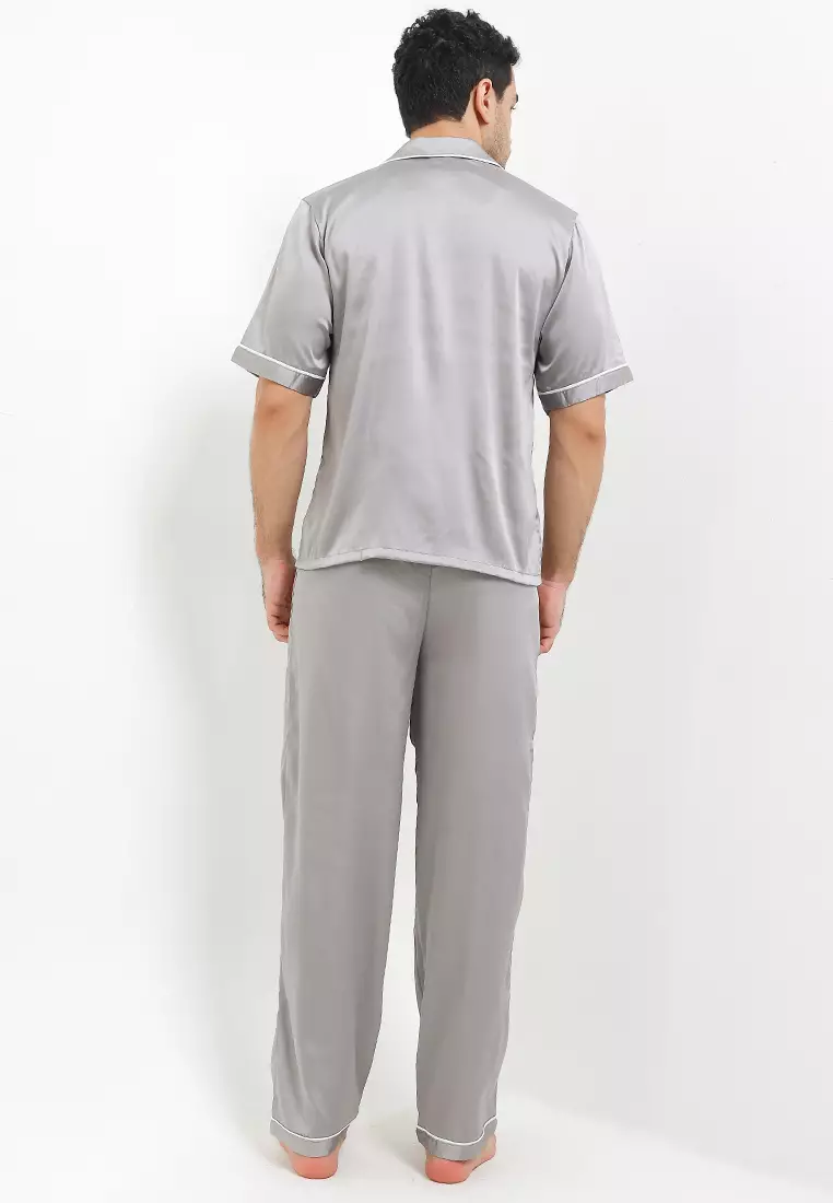 Pyjama Pijama Baju Tidur Satin Silk Short Sleeve Long Pants Berkantong Mens Pria Sleepwear