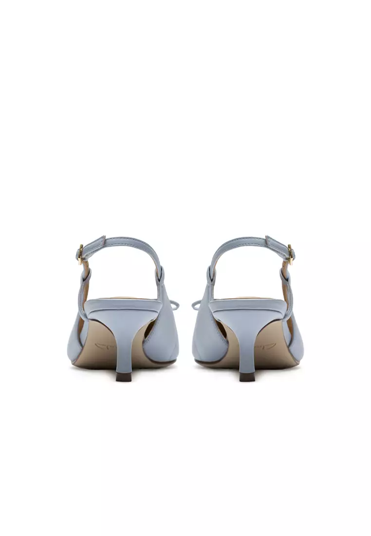 Womens Zarey Bow Heeled Mules Light Blue Lea - Wide Fit